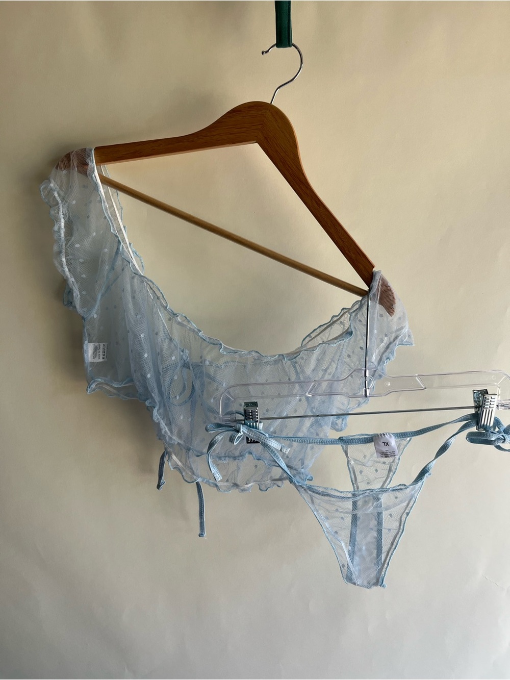 Blue Sheer Mesh Lace Polka Dot Two Piece Lingerie Panty Cropped Bra Top Sz XL